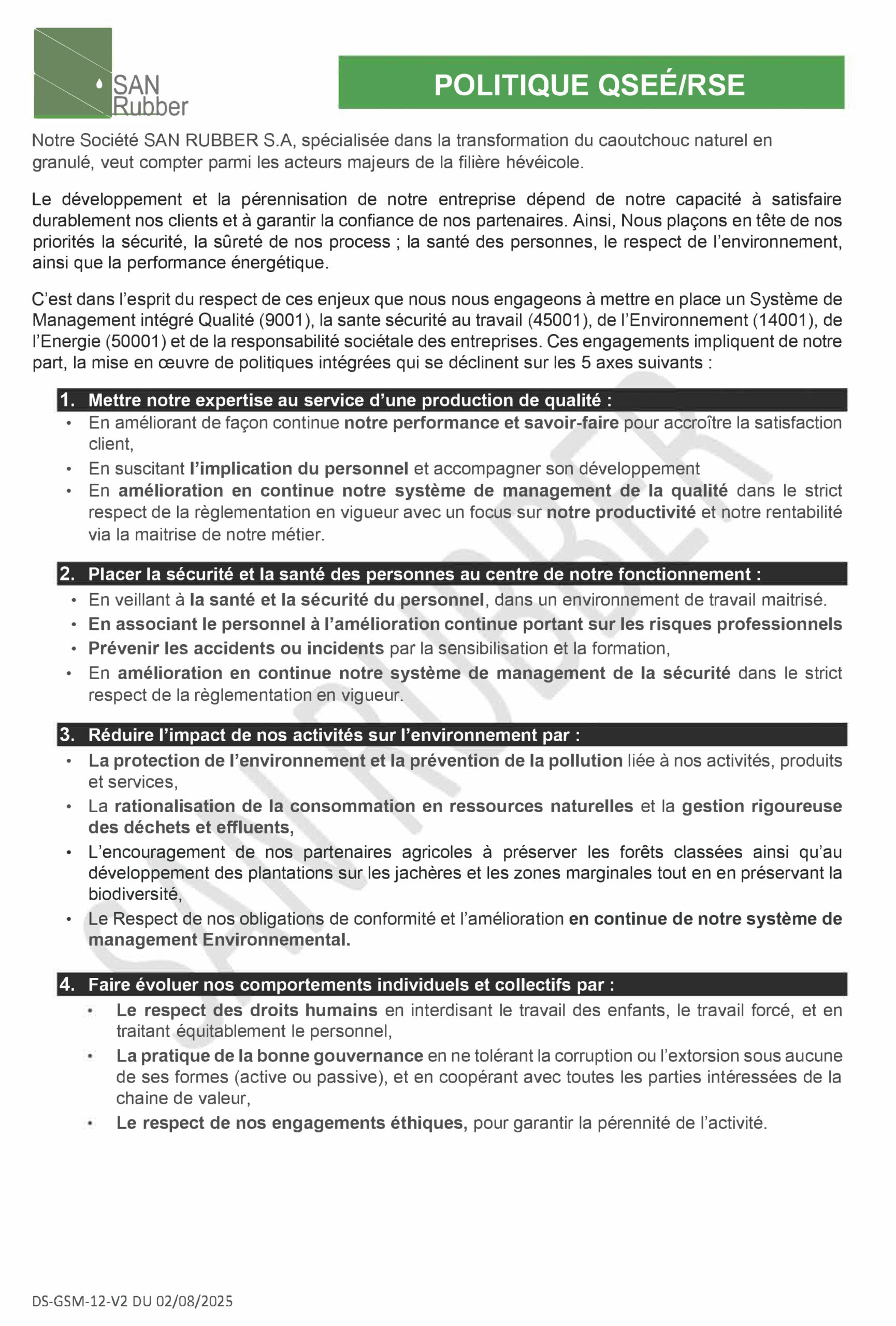 Politique QSEÉ RSE SAN RUBBER